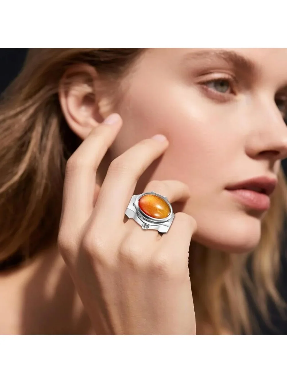 Unisex Orange Analog Elastic Band Stainless Steel Stretchy Finger Ring Watch
